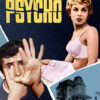A movie poster for Alfred Hitchcock’s Psycho (1960) featuring a woman in lingerie, a man raising his hand in fear, the film’s title, and a photo of a house on a hill. Movie poster print available in A1 to A4 sizes.
