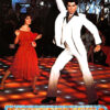 Man in a white suit strikes a dance pose on a lit disco floor next to a woman in a red dress; John Travolta stars in this iconic Saturday Night Fever scene, with the movie’s title displayed at the bottom. Movie poster print available in A1 to A4 sizes.