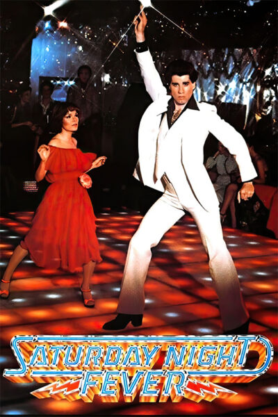 Man in a white suit strikes a dance pose on a lit disco floor next to a woman in a red dress; John Travolta stars in this iconic Saturday Night Fever scene, with the movie’s title displayed at the bottom. Movie poster print available in A1 to A4 sizes.