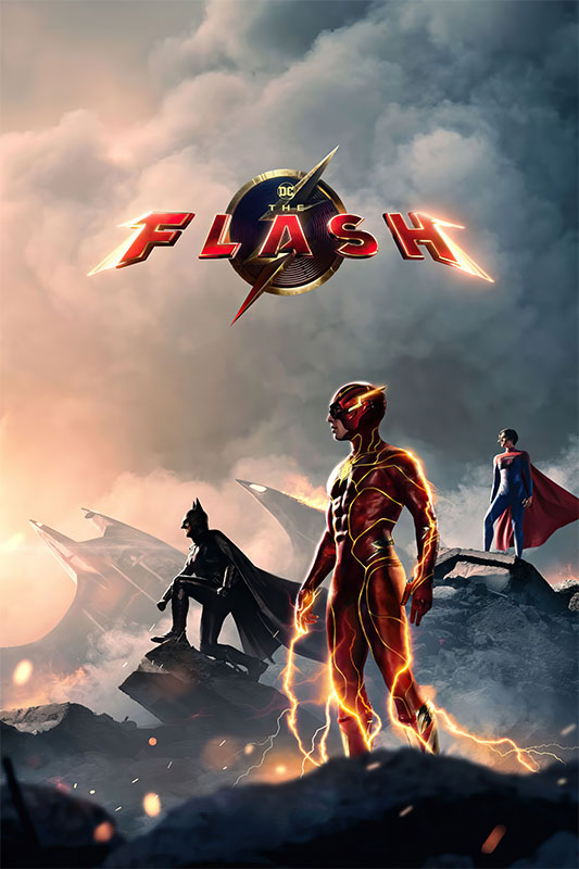 Product-Image_0008_The Flash.jpg A superhero in a red suit with lightning stands in the foreground, with a caped figure and another hero beneath dramatic clouds and the The Flash logo, capturing the excitement of The Flash movie. Movie poster print available in A1 to A4 sizes.