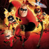 Poster for the animated film The Incredibles, the 2004 movie, showing the superhero family in action poses with explosions and a cityscape in the background. Movie poster print available in A1 to A4 sizes.