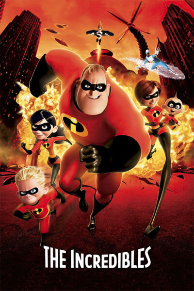 Poster for the animated film The Incredibles, the 2004 movie, showing the superhero family in action poses with explosions and a cityscape in the background. Movie poster print available in A1 to A4 sizes.