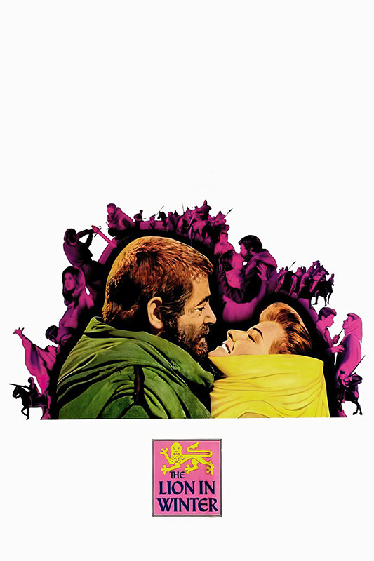 Product-Image_0008_The Lion in Winter.jpg A man and woman in medieval clothing face each other closely, surrounded by purple-tinged figures in battle poses. Below them is a box with a lion and the text “The Lion in Winter,” evoking the drama of the acclaimed 1968 film. Movie poster print available in A1 to A4 sizes.