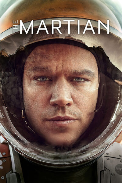 Close-up of a man in a space helmet staring forward, with The Martian above his head. The visor reflects rocky terrain, capturing the tense isolation of the 2015 movie The Martian. Movie poster print available in A1 to A4 sizes.