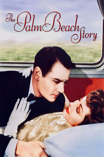 A man and a woman lie close together on a train, with the title The Palm Beach Story—referencing the classic 1949 film—written above them in elegant cursive text. Movie poster print available in A1 to A4 sizes.