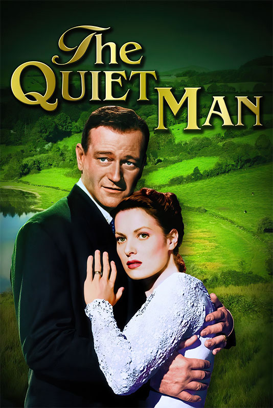 Product-Image_0008_The Quiet Man.jpg Movie poster for The Quiet Man (1952) showing a man and woman embracing in front of a green countryside landscape, with the title in large yellow letters above them. Movie poster print available in A1 to A4 sizes.