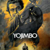 Poster for the 1961 Japanese samurai film Yojimbo, featuring a samurai in a fighting stance with a sword, his image dominating the background in striking shades of yellow and grey. Movie poster print available in A1 to A4 sizes.