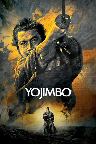 Poster for the 1961 Japanese samurai film Yojimbo, featuring a samurai in a fighting stance with a sword, his image dominating the background in striking shades of yellow and grey. Movie poster print available in A1 to A4 sizes.