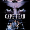 Movie poster for the 1991 movie Cape Fear, a psychological thriller, featuring ominous eyes above a boat on water with lightning, and three people standing together below the title. Movie poster print available in A1 to A4 sizes.