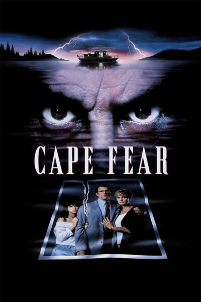 Movie poster for the 1991 movie Cape Fear, a psychological thriller, featuring ominous eyes above a boat on water with lightning, and three people standing together below the title. Movie poster print available in A1 to A4 sizes.