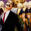 Poster for the 1933 Marx Brothers film Duck Soup featuring a man with glasses and a cigar in front, two men whispering behind him, and uniformed guards with white wigs in the background. Movie poster print available in A1 to A4 sizes.