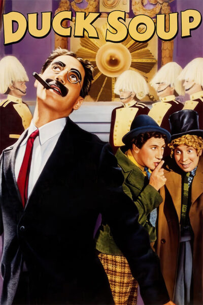 Poster for the 1933 Marx Brothers film Duck Soup featuring a man with glasses and a cigar in front, two men whispering behind him, and uniformed guards with white wigs in the background. Movie poster print available in A1 to A4 sizes.