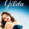 A woman with wavy hair in a strapless dress reclines against a gradient blue background with Gilda written above her in cursive. Channeling classic 1949 glamour, she holds a cigarette and gazes forward. Movie poster print available in A1 to A4 sizes.