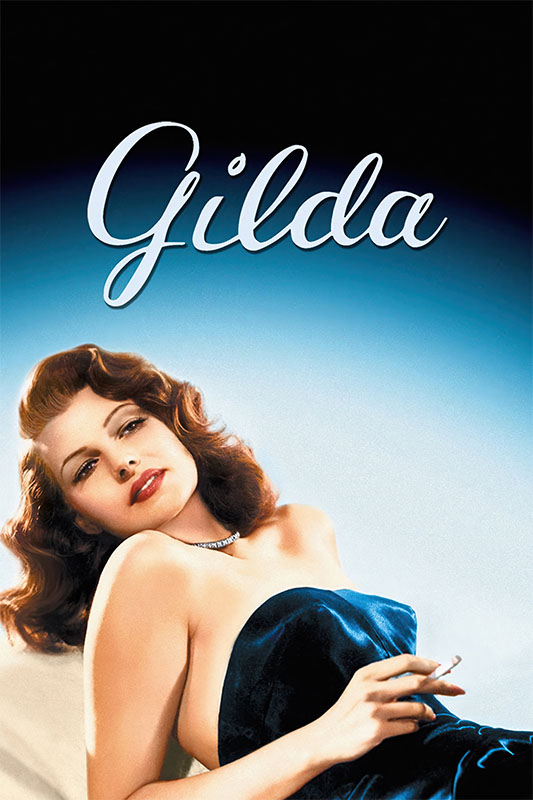 Product-Image_0009_Gilda.jpg A woman with wavy hair in a strapless dress reclines against a gradient blue background with Gilda written above her in cursive. Channeling classic 1949 glamour, she holds a cigarette and gazes forward. Movie poster print available in A1 to A4 sizes.