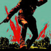 A soldier running with a pistol in hand against a backdrop of red explosions, leading groups of fellow soldiers; the text Paths of Glory boldly displayed above the dramatic scene. Movie poster print available in A1 to A4 sizes.
