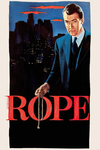 Movie poster for Rope featuring a man in a suit holding a rope against a cityscape background, with the film title in large red letters. Movie poster print available in A1 to A4 sizes.