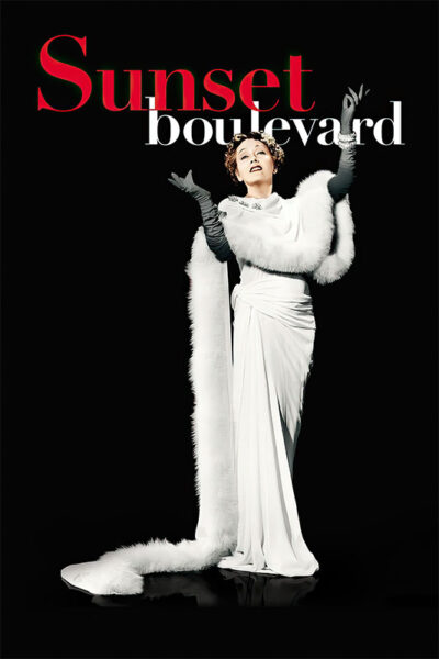 A woman in an elegant white gown and gloves poses dramatically beneath the bold text Sunset Boulevard on a black background, evoking the glamour of the iconic 1950 movie. Movie poster print available in A1 to A4 sizes.