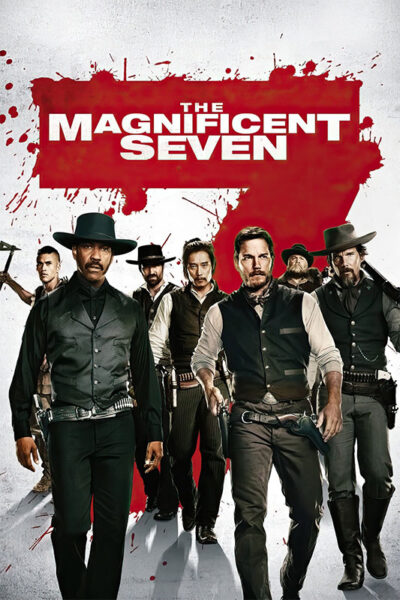 Seven armed men in Western attire stand together beneath a red, paint-splattered The Magnificent Seven title, referencing the 2016 movie and its iconic status as a modern western film. Movie poster print available in A1 to A4 sizes.