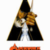Movie poster for the 1971 movie A Clockwork Orange featuring a man in a bowler hat holding a knife, with a stylized A and bold orange title text at the bottom. Movie poster print available in A1 to A4 sizes.