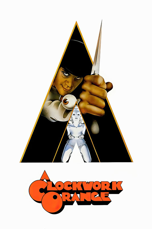 Product-Images_0000_A Clockwork Orange.jpg Movie poster for the 1971 movie A Clockwork Orange featuring a man in a bowler hat holding a knife, with a stylized A and bold orange title text at the bottom. Movie poster print available in A1 to A4 sizes.