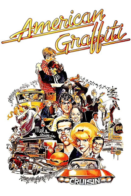 Product-Images_0002_American Graffiti.jpg Collage-style poster for the 1973 movie American Graffiti featuring classic cars, teenagers, and 1950s diner scenes with the movie title in bold script at the top. Movie poster print available in A1 to A4 sizes.