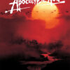 Movie poster for Apocalypse Now (1979) showing helicopters flying against a large red sun over a misty river landscape, with the film title in bold white text at the top. Movie poster print available in A1 to A4 sizes.