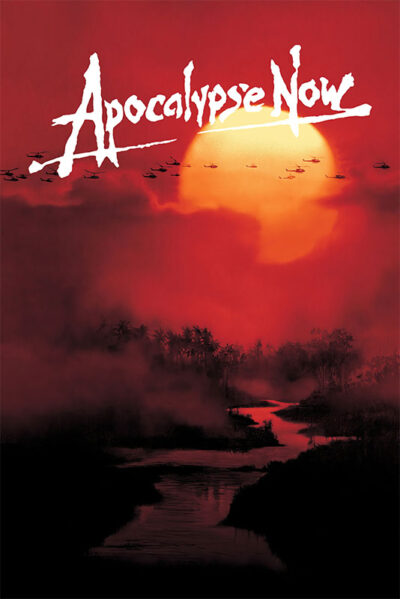 Movie poster for Apocalypse Now (1979) showing helicopters flying against a large red sun over a misty river landscape, with the film title in bold white text at the top. Movie poster print available in A1 to A4 sizes.