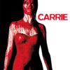 A woman in a dress stands covered in blood against a split black and white background with the word CARRIE in red text beside her, evoking the chilling atmosphere of the 1976 horror film. Movie poster print available in A1 to A4 sizes.