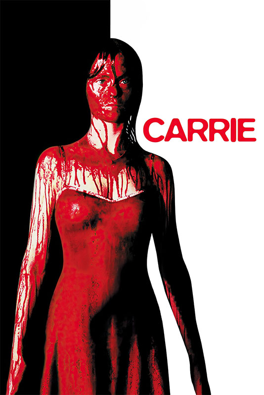 Product-Images_0007_Carrie.jpg A woman in a dress stands covered in blood against a split black and white background with the word CARRIE in red text beside her, evoking the chilling atmosphere of the 1976 horror film. Movie poster print available in A1 to A4 sizes.