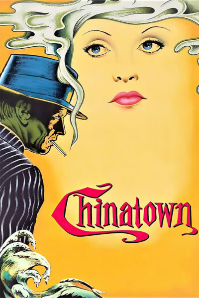 Stylized poster for the 1974 movie Chinatown, featuring a mans profile in a hat and a womans face above smoke, with the movie title in red text. Movie poster print available in A1 to A4 sizes.