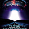 A large, illuminated UFO hovers above a road at night, capturing the mysterious atmosphere of the 1977 science fiction classic, Close Encounters of the Third Kind. Movie poster print available in A1 to A4 sizes.