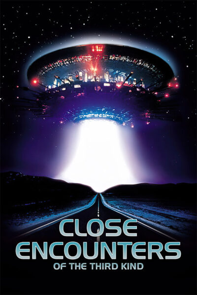 A large, illuminated UFO hovers above a road at night, capturing the mysterious atmosphere of the 1977 science fiction classic, Close Encounters of the Third Kind. Movie poster print available in A1 to A4 sizes.