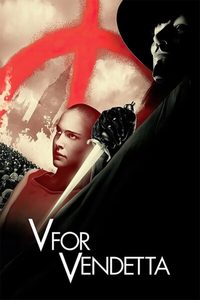 Poster for V for Vendetta, the 2005 movie, featuring a masked figure in black, a woman with a shaved head, a dagger, and a large red V symbol over a cityscape. Movie poster print available in A1 to A4 sizes.