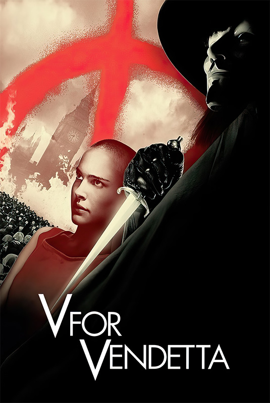 Poster for V for Vendetta, the 2005 movie, featuring a masked figure in black, a woman with a shaved head, a dagger, and a large red V symbol over a cityscape. Movie poster print available in A1 to A4 sizes.