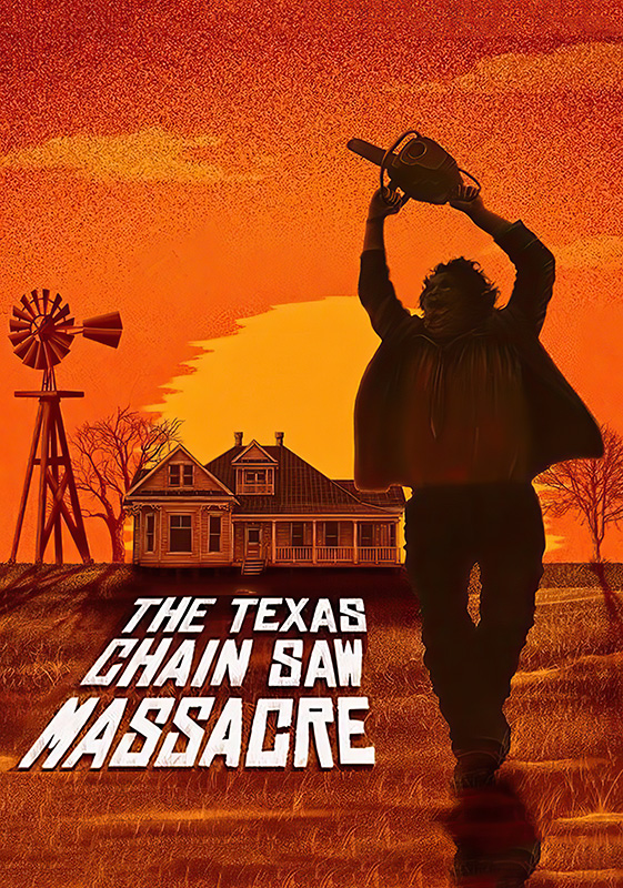 product-image A person holding a chainsaw stands in front of a farmhouse at sunset; text reads The Texas Chain Saw Massacre, echoing the chilling atmosphere of the 1974 horror movie. Movie poster print available in A1 to A4 sizes.