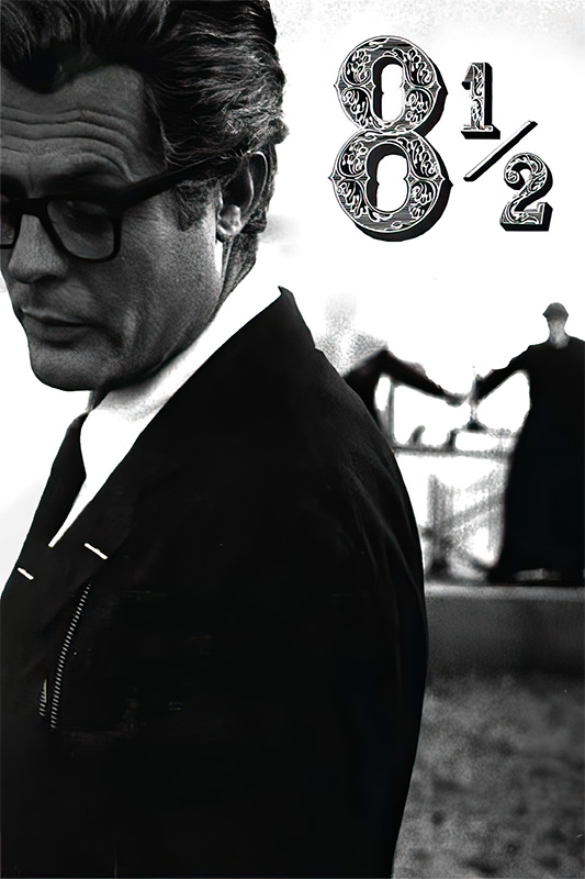 product-image A man in a suit and glasses stands in the foreground; in the background, two blurred figures hold hands. The stylized text 8 1/2 appears at the top right. Movie poster print available in A1 to A4 sizes.