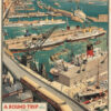 Vintage poster featuring the Liverpool Overhead Railway gliding above bustling docks and ships, with vibrant promotional text inviting passengers on a scenic Dockland Tour and highlighting unique round trips and dockland views. Poster print available in A1 to A4 sizes.