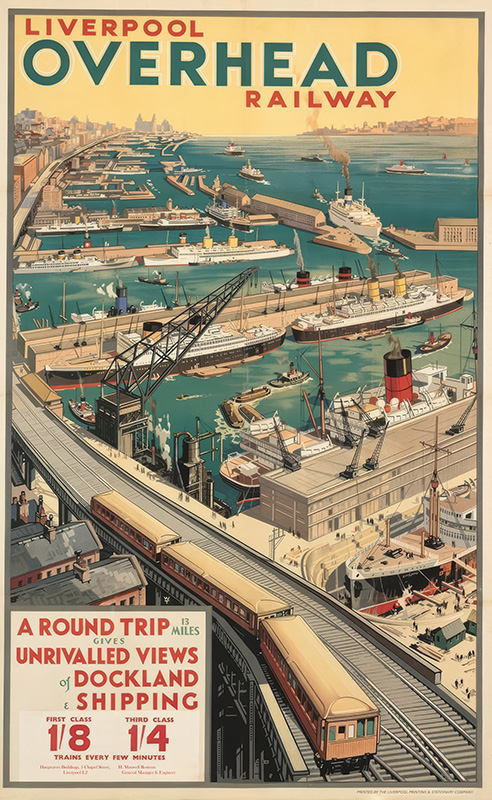 product-image Vintage poster featuring the Liverpool Overhead Railway gliding above bustling docks and ships, with vibrant promotional text inviting passengers on a scenic Dockland Tour and highlighting unique round trips and dockland views. Poster print available in A1 to A4 sizes.