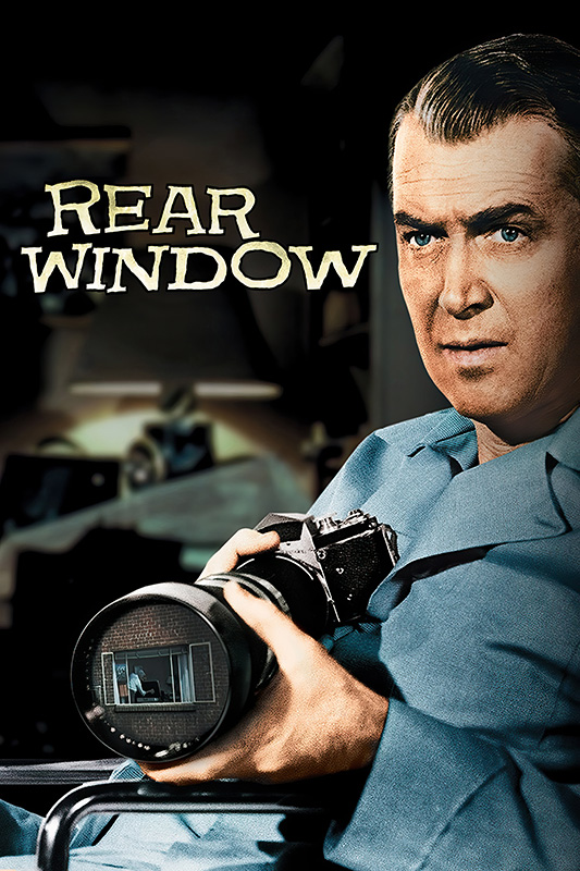 product-image A man in a blue shirt holds a camera beneath the words Rear Window; inspired by Alfred Hitchcocks iconic 1954 film, a couple is visible through the camera lens in the background. Movie poster print available in A1 to A4 sizes.