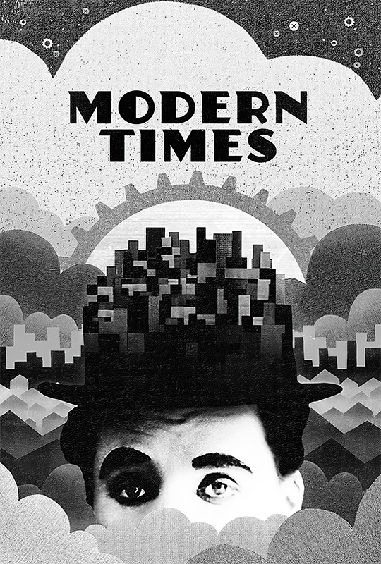 product-image Black and white illustration of a face with a cityscape for hair, surrounded by clouds, with the text MODERN TIMES at the top—a creative nod to Charlie Chaplin’s iconic 1936 film. Movie poster print available in A1 to A4 sizes.