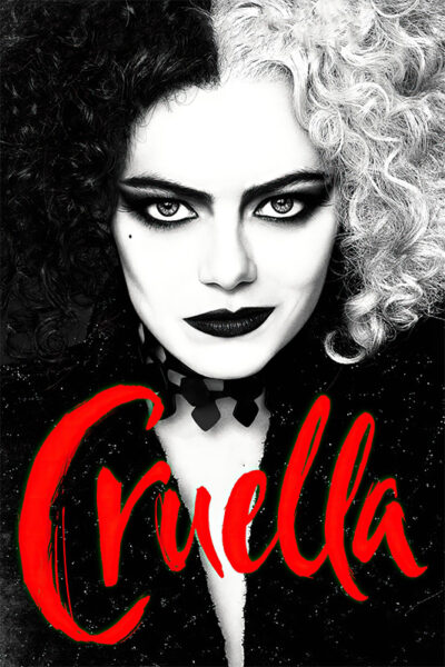 A woman with half black and half white curly hair and bold makeup stares ahead; Cruella 2021 is written in large red letters at the bottom. Movie poster print available in A1 to A4 sizes.