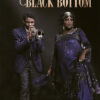 Two people in 1920s-style clothing stand under the title Ma Raineys Black Bottom; one plays a trumpet while the other, channeling Ma Rainey, holds a dress and sings. This scene echoes the spirit of the acclaimed 2020 film. Movie poster print available in A1 to A4 sizes.