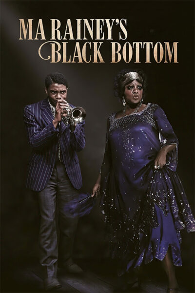 Two people in 1920s-style clothing stand under the title Ma Raineys Black Bottom; one plays a trumpet while the other, channeling Ma Rainey, holds a dress and sings. This scene echoes the spirit of the acclaimed 2020 film. Movie poster print available in A1 to A4 sizes.