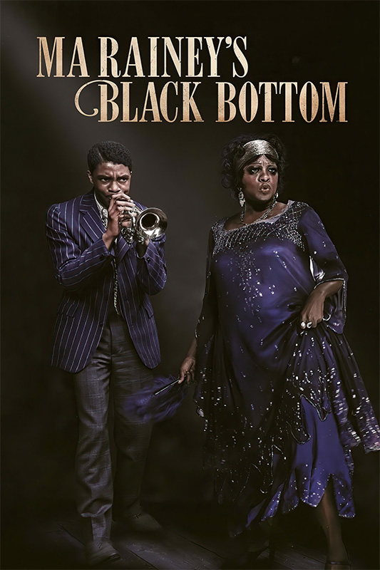 product-image Two people in 1920s-style clothing stand under the title Ma Raineys Black Bottom; one plays a trumpet while the other, channeling Ma Rainey, holds a dress and sings. This scene echoes the spirit of the acclaimed 2020 film. Movie poster print available in A1 to A4 sizes.