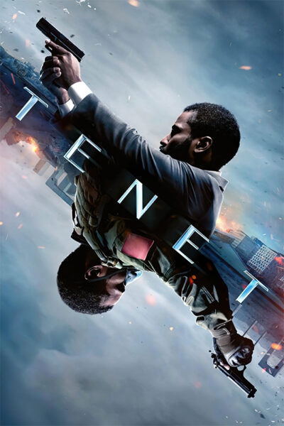 A man holding a gun is mirrored upside down beneath him, with the word TENET across the centre and a cityscape in the background, capturing the mind-bending style of the Tenet movie. Movie poster print available in A1 to A4 sizes.