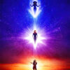 Three female superheroes stand vertically aligned, each glowing with light, against a cosmic and sunset sky background. Text at the bottom reads The Marvels, highlighting the power of these 2023 heroines. Movie poster print available in A1 to A4 sizes.