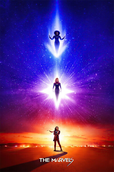 Three female superheroes stand vertically aligned, each glowing with light, against a cosmic and sunset sky background. Text at the bottom reads The Marvels, highlighting the power of these 2023 heroines. Movie poster print available in A1 to A4 sizes.