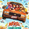 Animated family in an orange car drives through chaos with robots and gadgets flying; text reads The Mitchells vs. the Machines, a 2021 animated movie. Movie poster print available in A1 to A4 sizes.