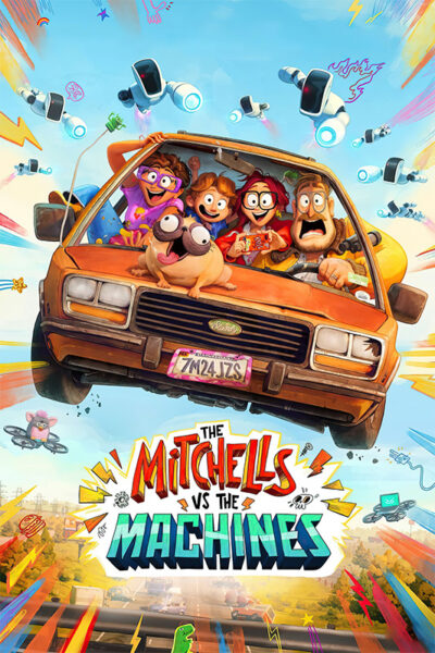 Animated family in an orange car drives through chaos with robots and gadgets flying; text reads The Mitchells vs. the Machines, a 2021 animated movie. Movie poster print available in A1 to A4 sizes.