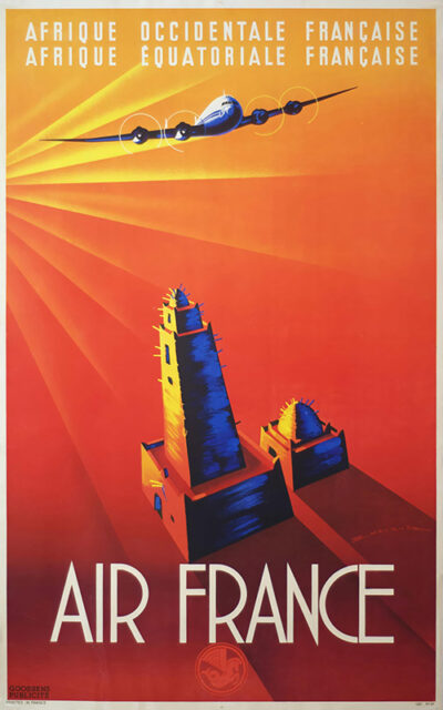 Vintage Air France travel poster featuring a blue airplane soaring above stylized West African architecture in bold orange and red hues. Designed by Edmond Maurus, French text advertises service to Africa. Poster print available in A1 to A4 sizes.
